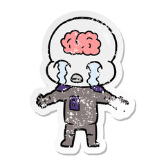distressed sticker of a cartoon big brain alien crying