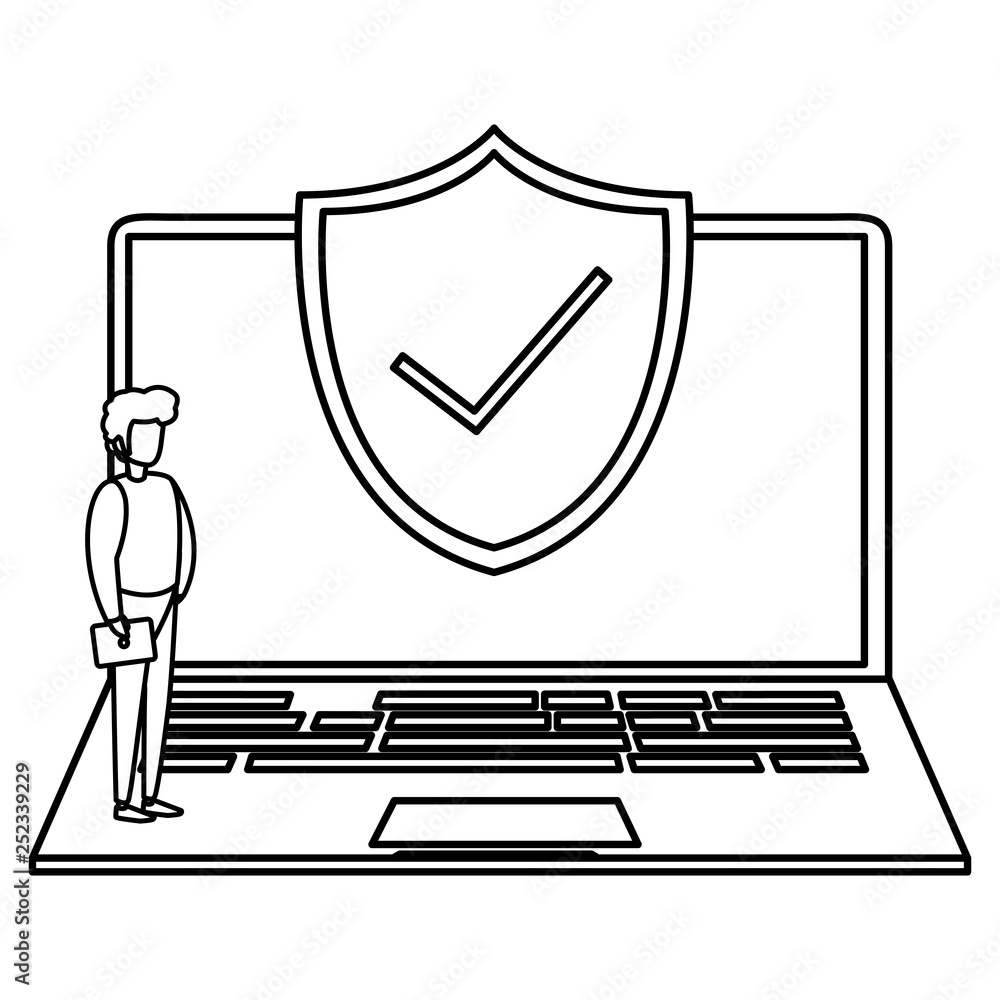 Poster man using laptop computer with shield