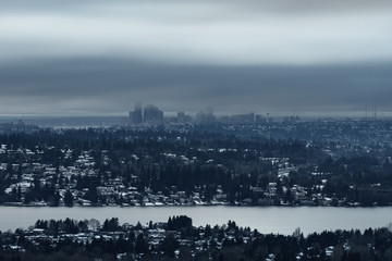 Long exposure of Seattle skyline after snowstorm in 2019