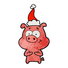 happy textured cartoon of a pig wearing santa hat