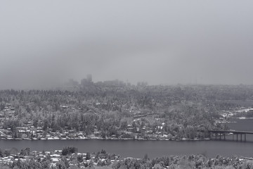 Seattle skyline during day as major snowstorm rolls in on Snowpocalypse February 9, 2019