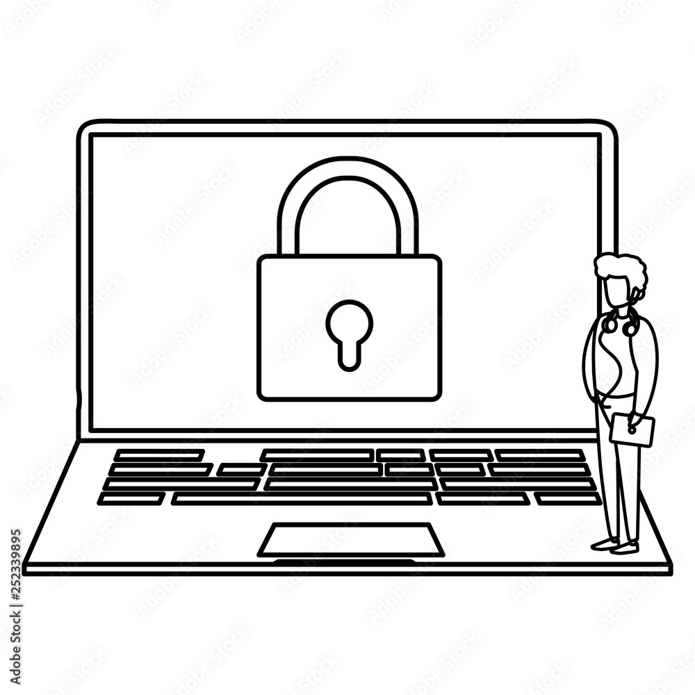Poster man using laptop computer with shield