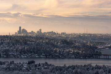 Seattle skyline at sunset after Snowpocalypse snowstorm in early February 2019