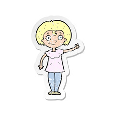 retro distressed sticker of a cartoon happy woman pointing