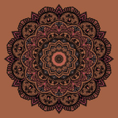 Mandala - vector drawing, floral motifs, harmonious colors. The drawing imitates embroidery, napkin or tablecloth. Design for walls, wallpapers or panels. Shades of pink, beige, gray and dark blue.