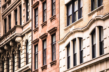 Architectural details on vintage brick apartment building in New York City