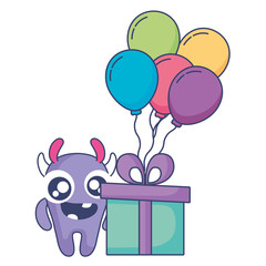 crazy monster with gift and balloons helium character