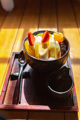 Close up shot of fruits shiratama Anmitsu, a Japanese style traditional cold dessert dessert