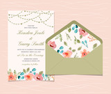 wedding invitation with sweet floral watercolor and string light background
