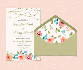 wedding invitation with sweet floral watercolor and string light background