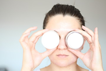 Acne on the face of young women. Improper therapy has led to a severe form of chronic inflammation...