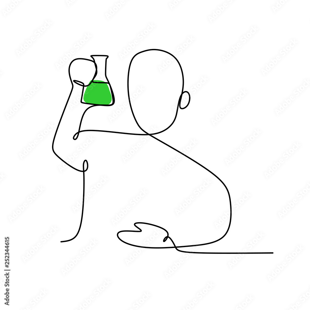 Poster continuous line drawing of a person take a look and see chemical solution in erlenmeyer flask vector