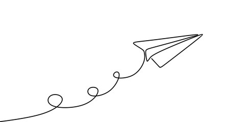 Paper plane continuous one line drawing vector illustration minimalist design isolated on white background. - obrazy, fototapety, plakaty