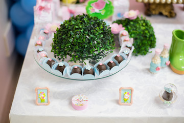 Sweets and decoration on the table - Children's birthday garden theme