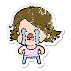 distressed sticker of a cartoon woman crying