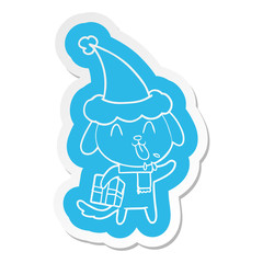 cute cartoon  sticker of a dog with christmas present wearing santa hat