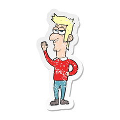 retro distressed sticker of a cartoon man waving
