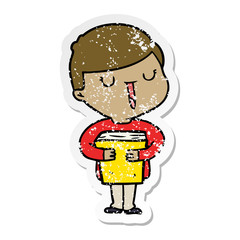 Fototapeta premium distressed sticker of a cartoon happy boy talking about his book
