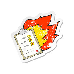 retro distressed sticker of a cartoon checklist burning