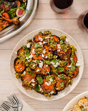 sweet potatoes with goat cheese, pesto and mint, 