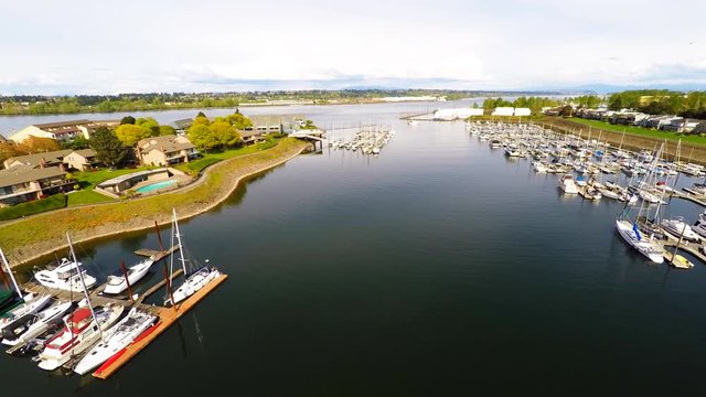An aerial view of aport, harbor or marina with boats docked.