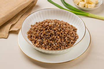 Boiled buckwheat in a plate