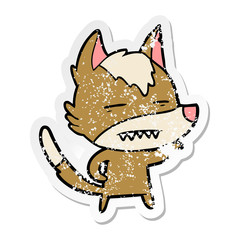 distressed sticker of a cartoon wolf showing teeth