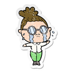 distressed sticker of a cartoon crying woman wearing spectacles