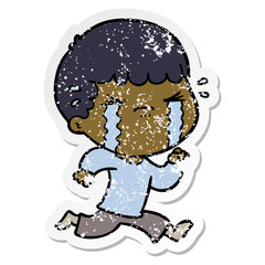 distressed sticker of a cartoon man crying