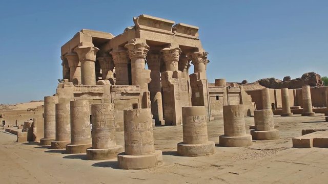 Hieroglypic carvings on wall and columns at the ancient egyptian temple of Kom Ombo
