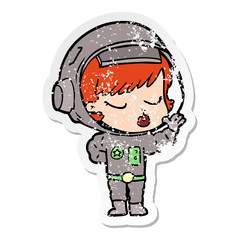 distressed sticker of a cartoon pretty astronaut girl