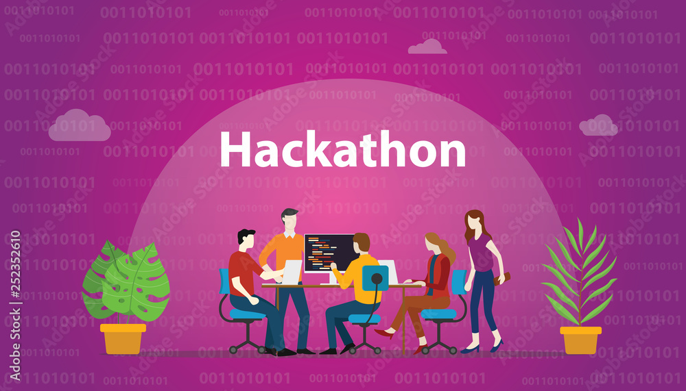 Poster hackathon technology concept with team working together on programming - vector illustration