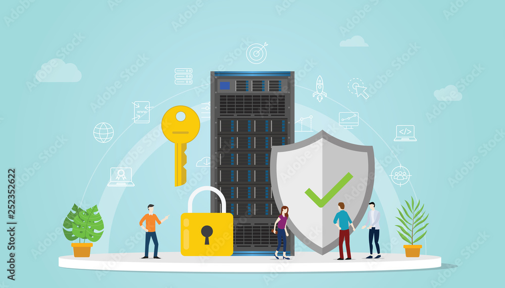 Poster server security concept with team people working together with padlock and secure icon - vector illu