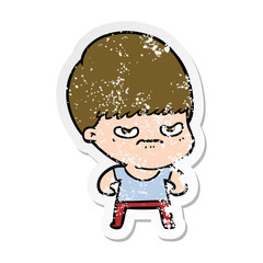 distressed sticker of a annoyed cartoon boy