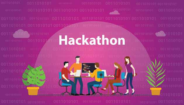 hackathon technology concept with team working together on programming - vector illustration