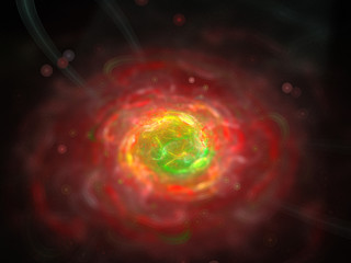 Abstract Illustration - Colorful Bright Red Cloud, Plasma, Strings of Chaotic Plasma Energy. Smoke, Energy Discharge, Galaxy Nebula. Digital Flames, Artistic Design, Explosion of color