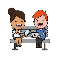 woman with mobile and guy laptop on bench