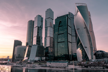 Fototapeta na wymiar Downtown Moscow City Russia Building Sunset Colors