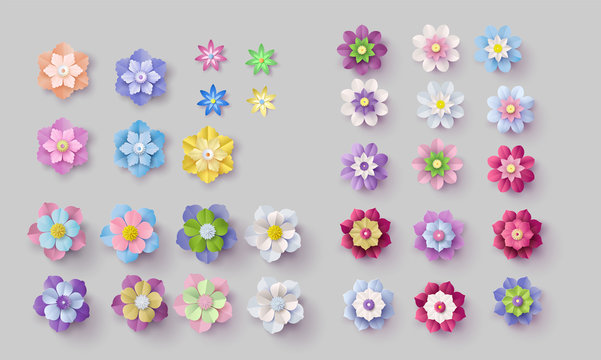 Set Of Colorful Paper Flowers .