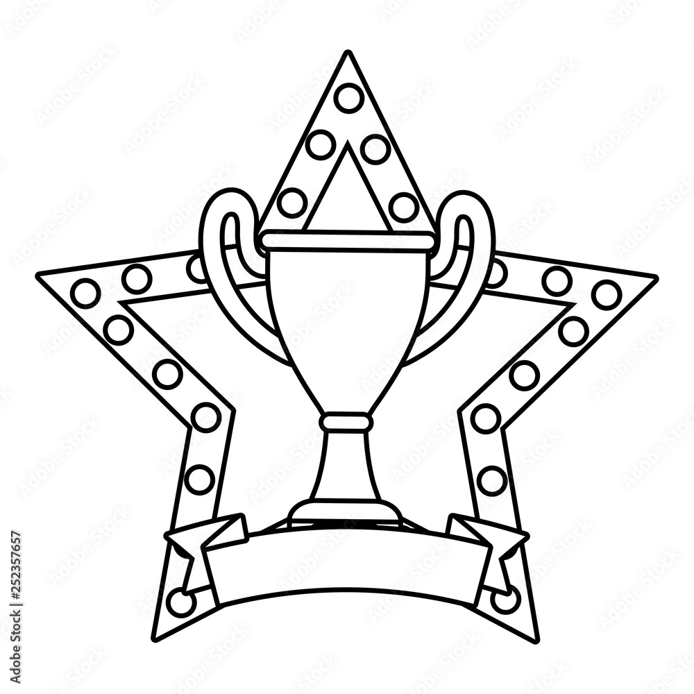 Sticker trophy cup on stars emblen and blank ribbon banner black and white