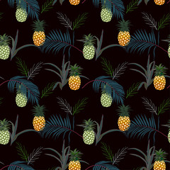 Pineapple with tropical leaves on dark summer night seamless pattern for fashion,fabric,textile,apparel,decoration or print