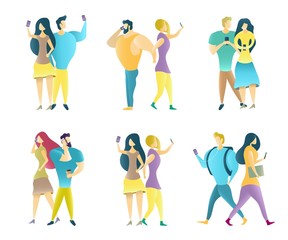 Couples using mobile phones vector flat isolated illustration
