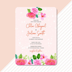 wedding invitation with watercolor pink floral border