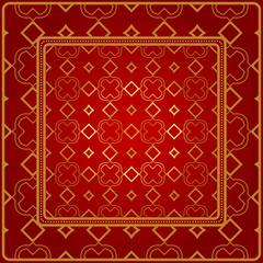 Design Of A Scarf With A Geometric Pattern . Vector Illustration. For Print Bandana, Shawl, Carpet, Tablecloth, Bed Cloth, Fashion. Red gold color