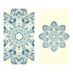 Invitation Or Card Template With Floral Mandala Pattern. Decorative Background For Wedding, Greeting Cards, Birthday Invitation. The Front And Rear Side. Milk blue color