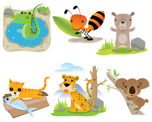 Vector animal set, crocodile, ant, bear, cat, leopard, koala,