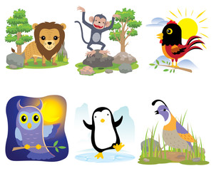 Vector animal set, lion, monkey, chicken, owl, penguin, quail,