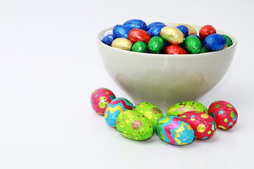 chocolate Easter eggs on table