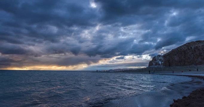 Time lapse film of sunset scene of  the Namtso ( Lake Nam; Nam Co), a mountain lake in Damxung(Dangxiaong) County, Lhasa, Tibet, China, on the west side of the  Nyenchen Tanglha Mountains range.