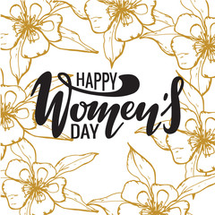Vector illustration of happy women's day with inscription and floral romantic elements.